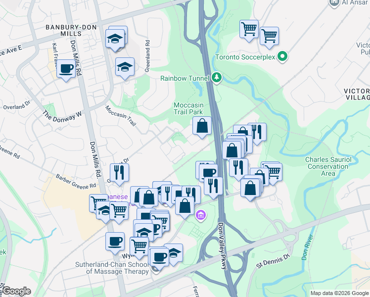 map of restaurants, bars, coffee shops, grocery stores, and more near 200 David Dunlap Circle in Toronto