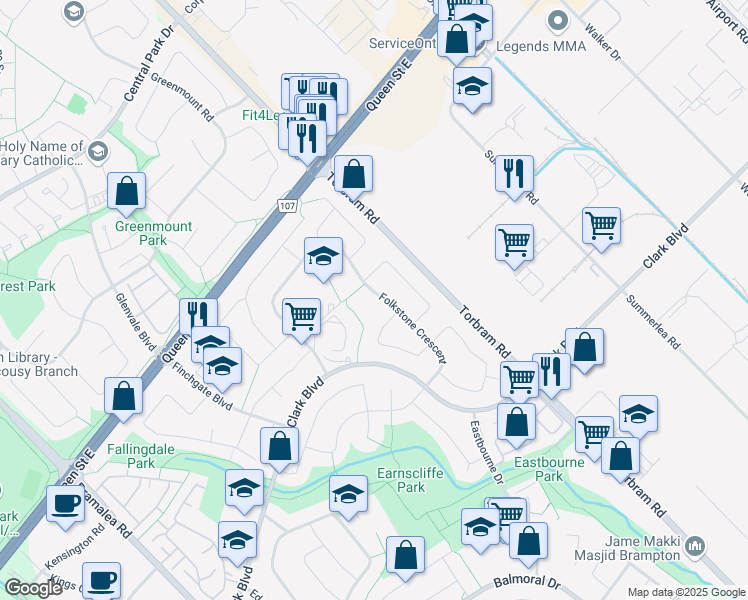 map of restaurants, bars, coffee shops, grocery stores, and more near 182 Folkstone Crescent in Brampton
