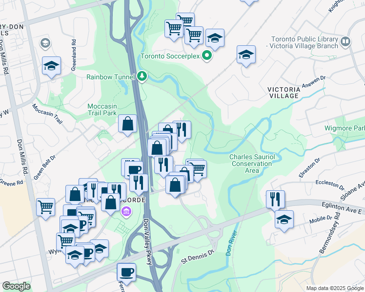 map of restaurants, bars, coffee shops, grocery stores, and more near 5 Concorde Place in Toronto