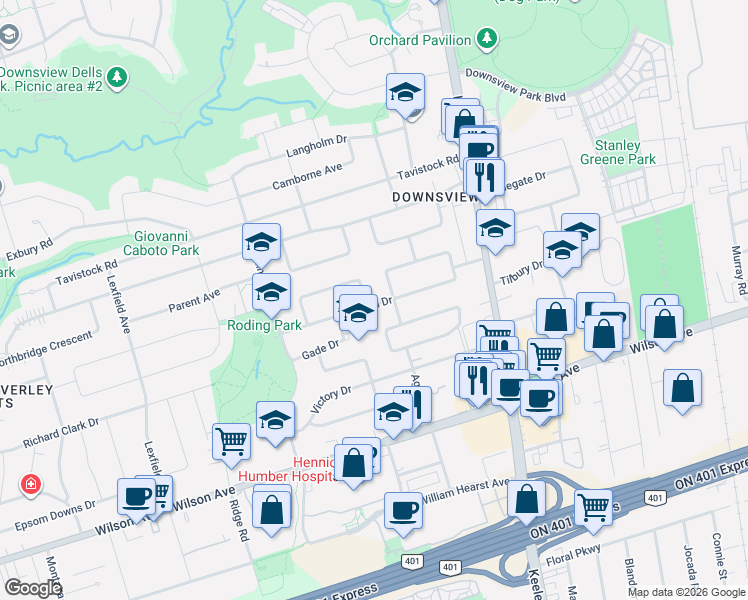 map of restaurants, bars, coffee shops, grocery stores, and more near in Toronto