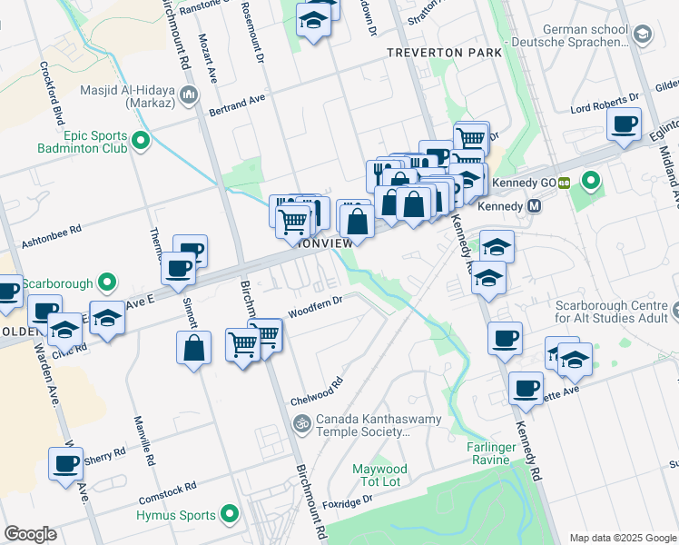 map of restaurants, bars, coffee shops, grocery stores, and more near in Toronto