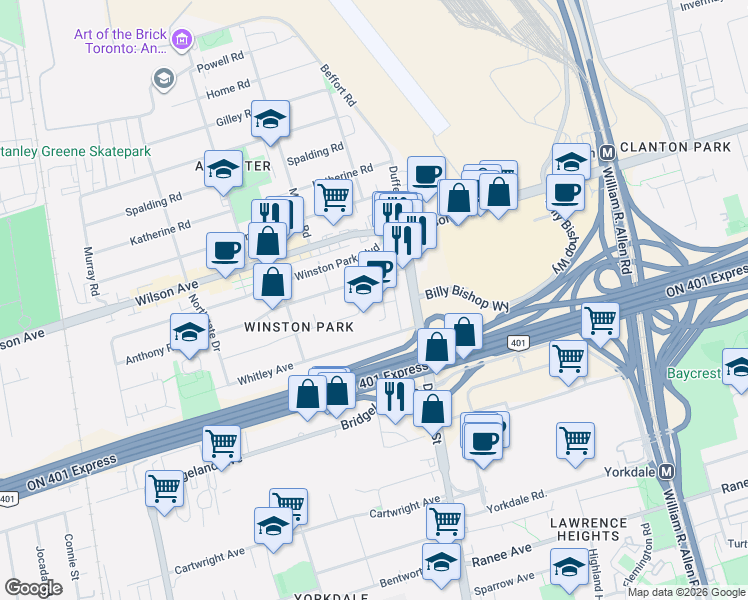 map of restaurants, bars, coffee shops, grocery stores, and more near in Toronto
