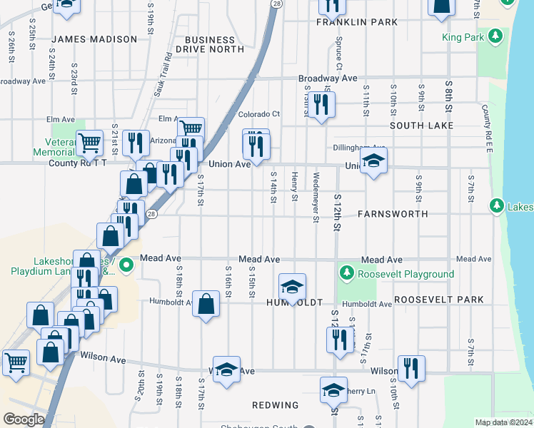 map of restaurants, bars, coffee shops, grocery stores, and more near 2311 South 15th Street in Sheboygan