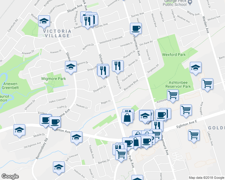 map of restaurants, bars, coffee shops, grocery stores, and more near 1601 Victoria Park Avenue in Toronto