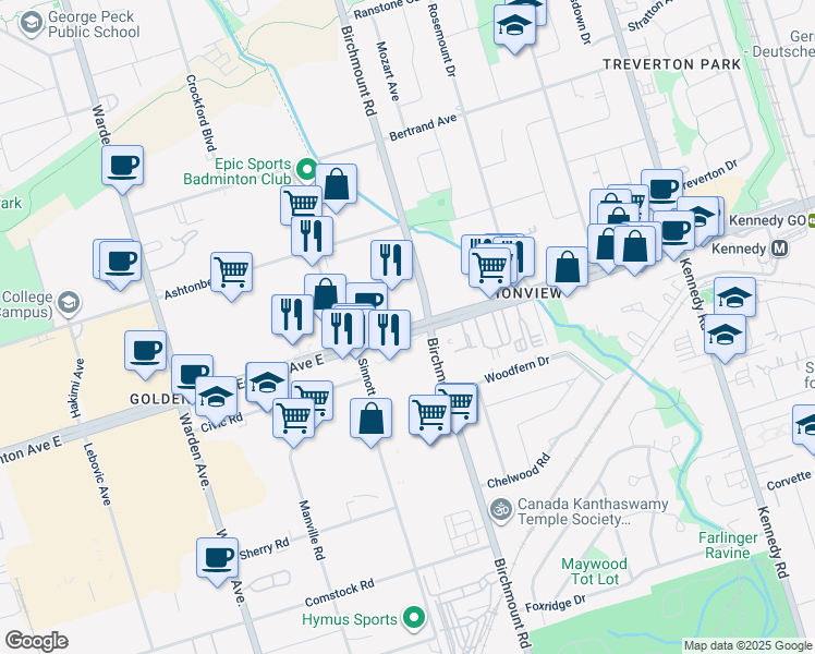 map of restaurants, bars, coffee shops, grocery stores, and more near 2212 Eglinton Avenue East in Toronto