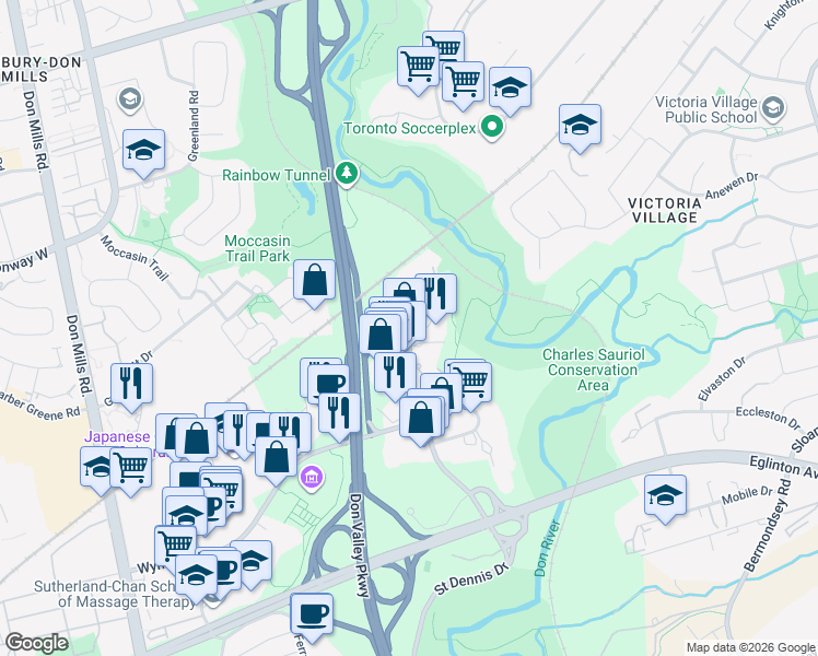 map of restaurants, bars, coffee shops, grocery stores, and more near 12 Concorde Place in Toronto