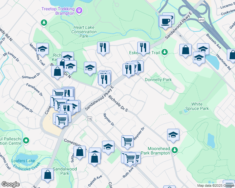 map of restaurants, bars, coffee shops, grocery stores, and more near 24 Terryhill Square in Brampton