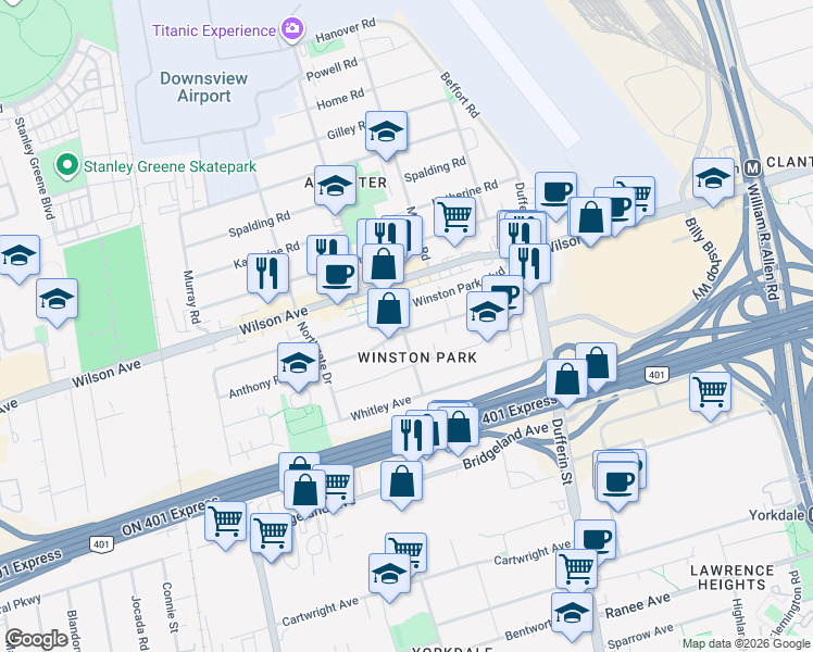 map of restaurants, bars, coffee shops, grocery stores, and more near 22 Lady York Avenue in Toronto