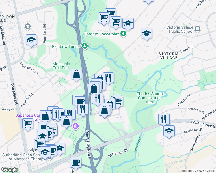map of restaurants, bars, coffee shops, grocery stores, and more near 5 Concorde Place in Toronto