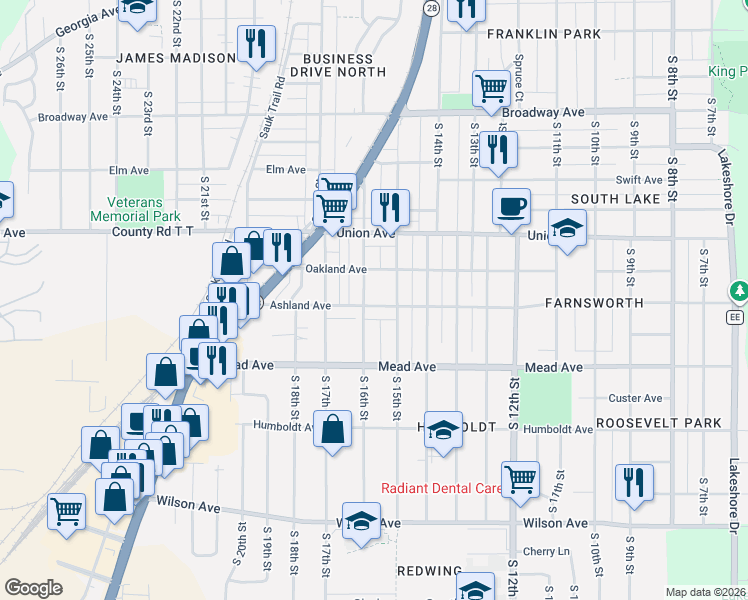 map of restaurants, bars, coffee shops, grocery stores, and more near 2309 South 16th Street in Sheboygan