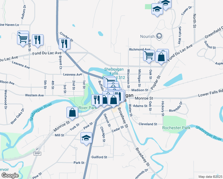 map of restaurants, bars, coffee shops, grocery stores, and more near 404 Broadway Street in Sheboygan Falls