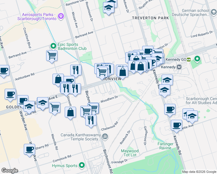 map of restaurants, bars, coffee shops, grocery stores, and more near 2239 Eglinton Avenue East in Toronto