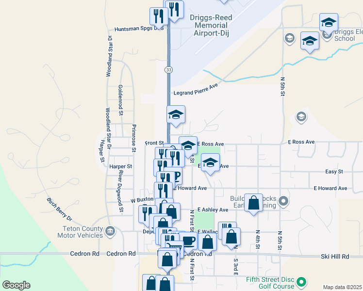 map of restaurants, bars, coffee shops, grocery stores, and more near 481 North Main Street in Driggs