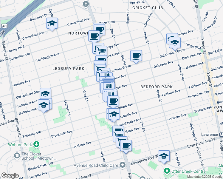 map of restaurants, bars, coffee shops, grocery stores, and more near Melrose Avenue in Toronto