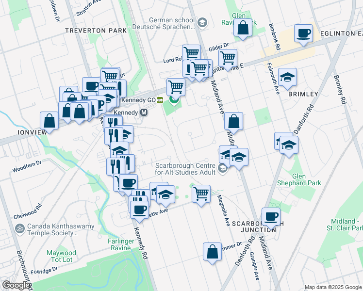 map of restaurants, bars, coffee shops, grocery stores, and more near Benjamin Boulevard in Toronto
