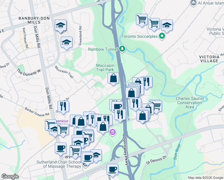 map of restaurants, bars, coffee shops, grocery stores, and more near 120 Dallimore Circle in Toronto