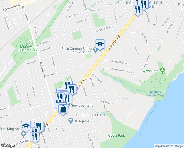 map of restaurants, bars, coffee shops, grocery stores, and more near 50 Pine Ridge Drive in Toronto