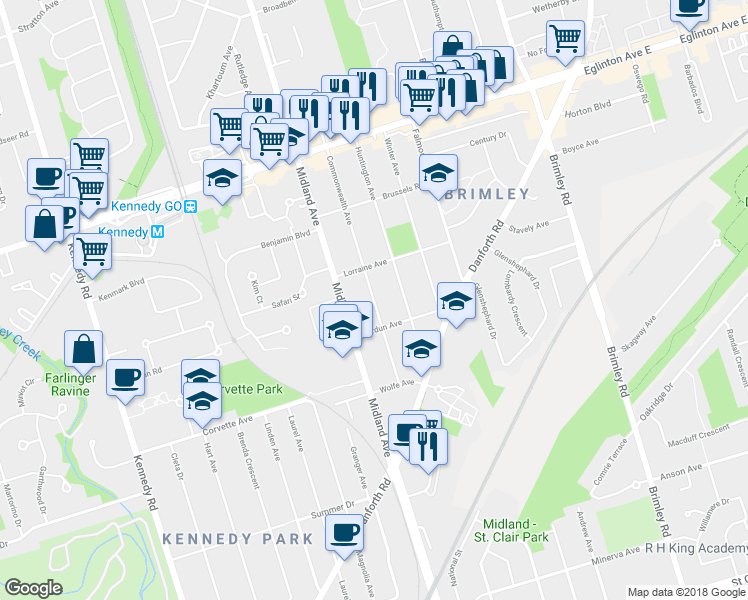map of restaurants, bars, coffee shops, grocery stores, and more near 45 Commonwealth Avenue in Toronto