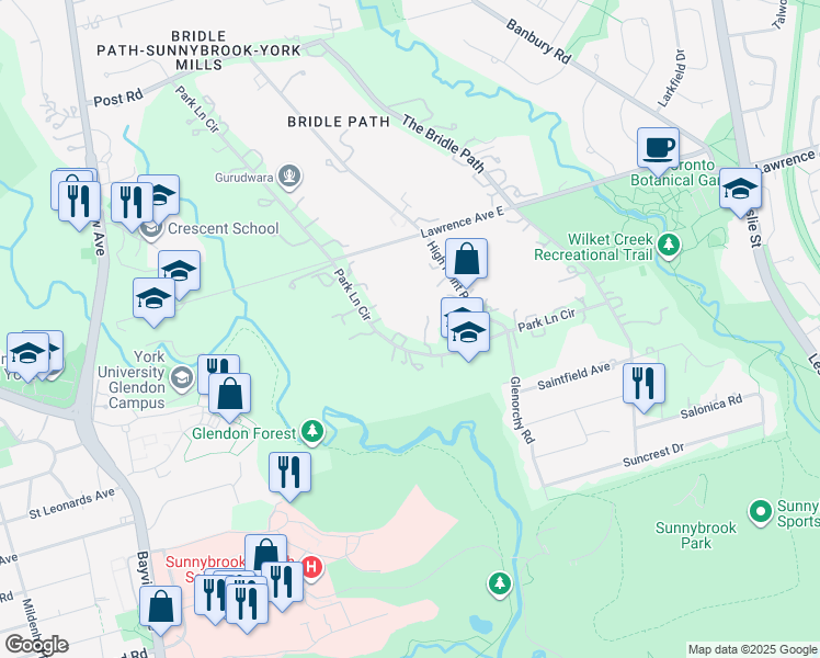 map of restaurants, bars, coffee shops, grocery stores, and more near 45 Park Lane Circle in Toronto