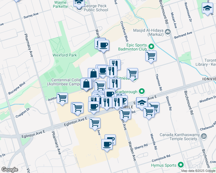 map of restaurants, bars, coffee shops, grocery stores, and more near 50 Ashtonbee Road in Toronto