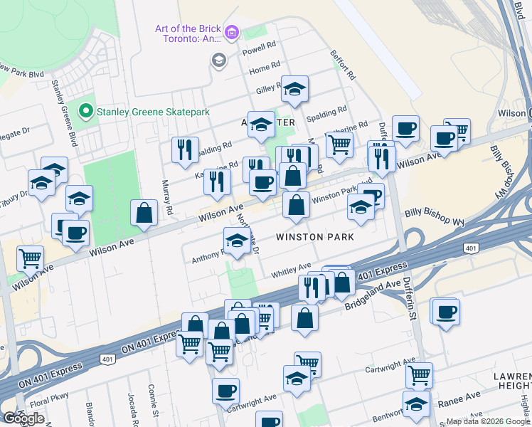 map of restaurants, bars, coffee shops, grocery stores, and more near 72 Winston Park Boulevard in Toronto