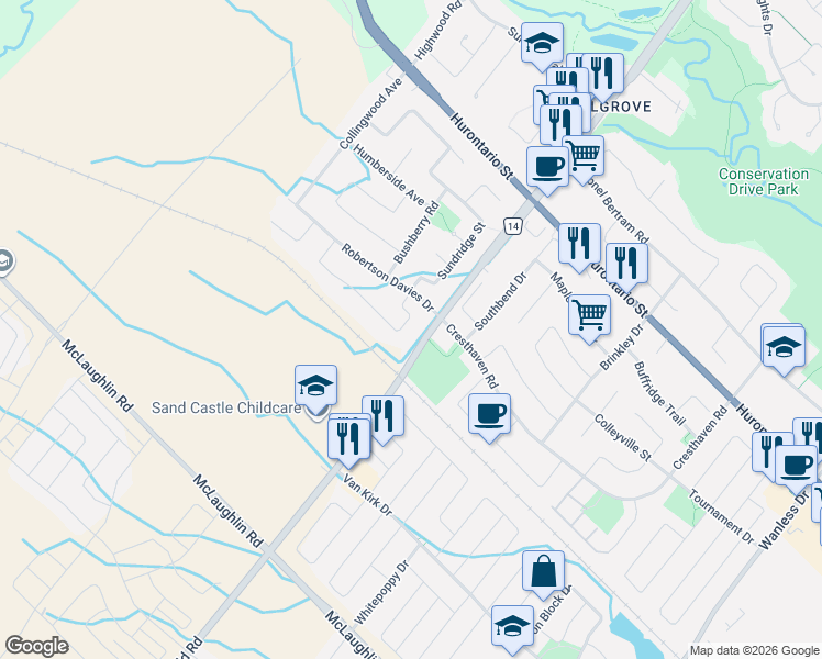 map of restaurants, bars, coffee shops, grocery stores, and more near 16 Twin Willow Crescent in Brampton