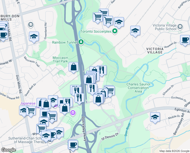 map of restaurants, bars, coffee shops, grocery stores, and more near 10 Concorde Place in Toronto