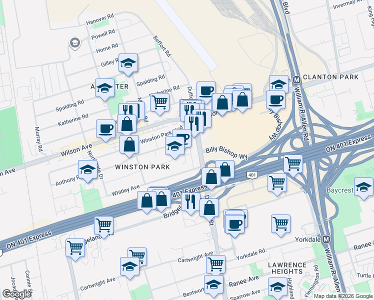 map of restaurants, bars, coffee shops, grocery stores, and more near in Toronto