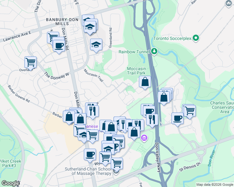 map of restaurants, bars, coffee shops, grocery stores, and more near 33 Green Belt Drive in Toronto