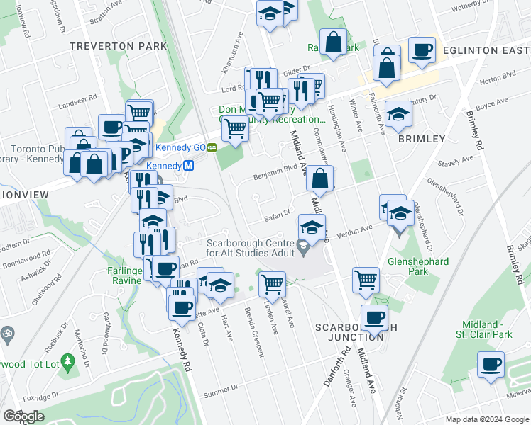 map of restaurants, bars, coffee shops, grocery stores, and more near 36 Kim Court in Toronto