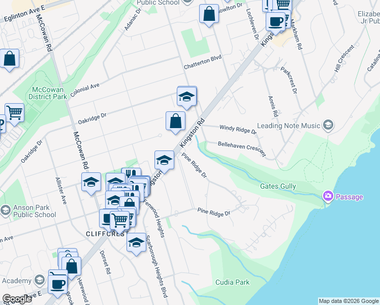 map of restaurants, bars, coffee shops, grocery stores, and more near 55 Pine Ridge Drive in Toronto