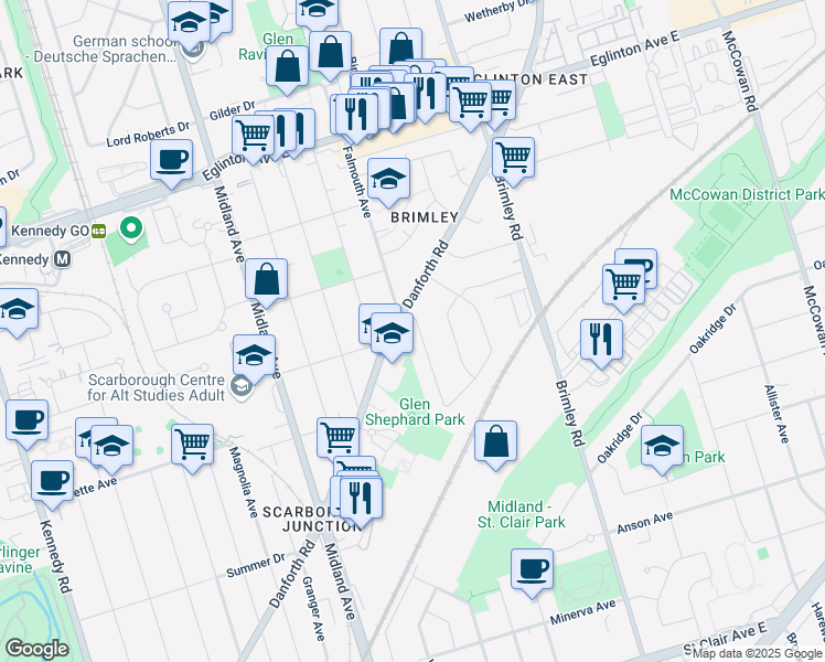 map of restaurants, bars, coffee shops, grocery stores, and more near 8 Glenshephard Drive in Toronto