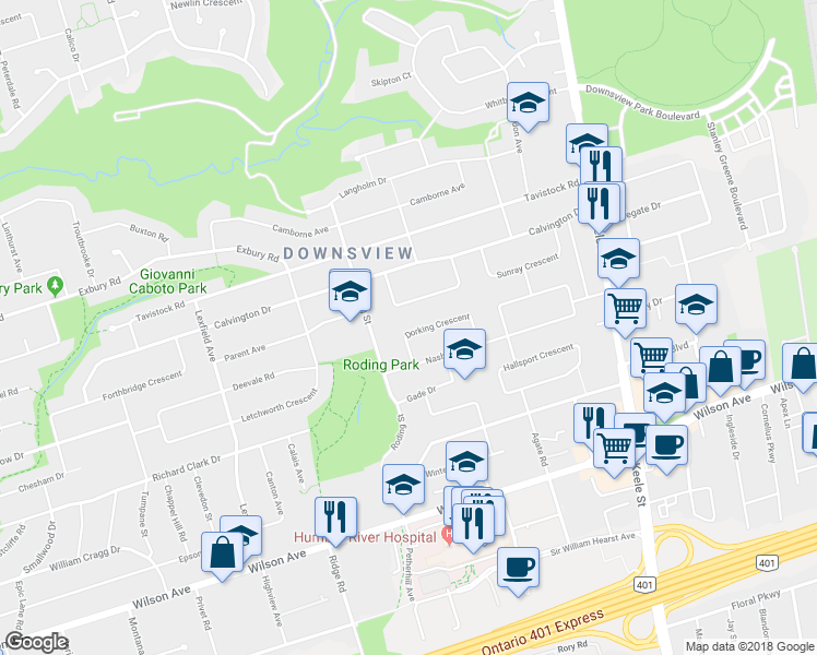 map of restaurants, bars, coffee shops, grocery stores, and more near 50 Dorking Crescent in Toronto