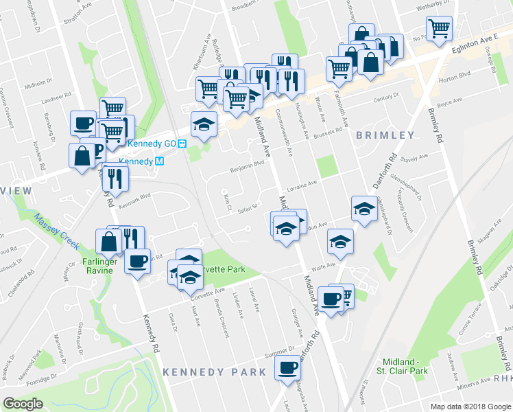 map of restaurants, bars, coffee shops, grocery stores, and more near 27 Safari Street in Toronto