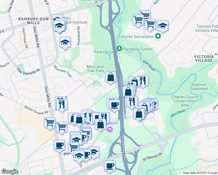 map of restaurants, bars, coffee shops, grocery stores, and more near 132 Dallimore Circle in Toronto