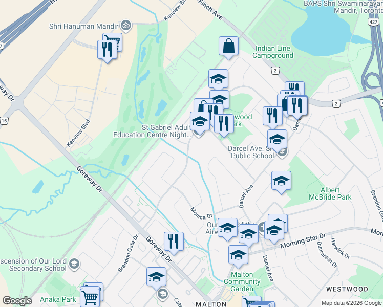 map of restaurants, bars, coffee shops, grocery stores, and more near 3694 Brandon Gate Drive in Mississauga