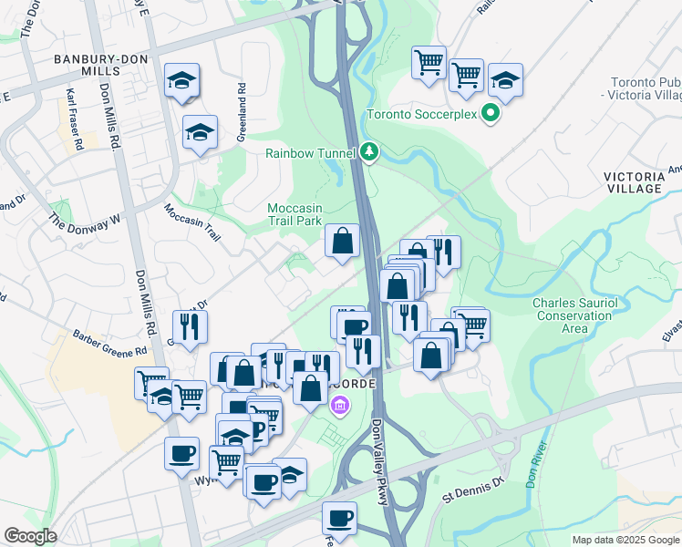 map of restaurants, bars, coffee shops, grocery stores, and more near 120 Dallimore Circle in Toronto