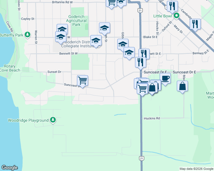 map of restaurants, bars, coffee shops, grocery stores, and more near 4 Suncoast Drive West in Goderich