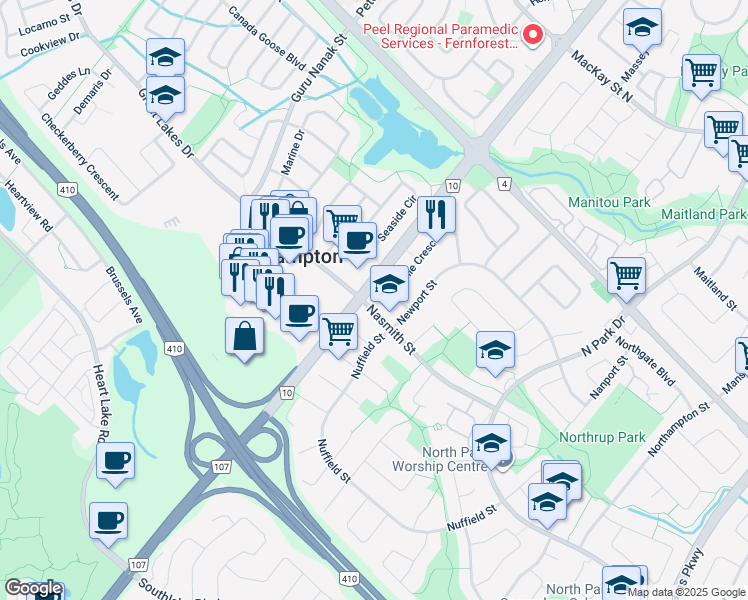 map of restaurants, bars, coffee shops, grocery stores, and more near 68 Nasmith Street in Brampton