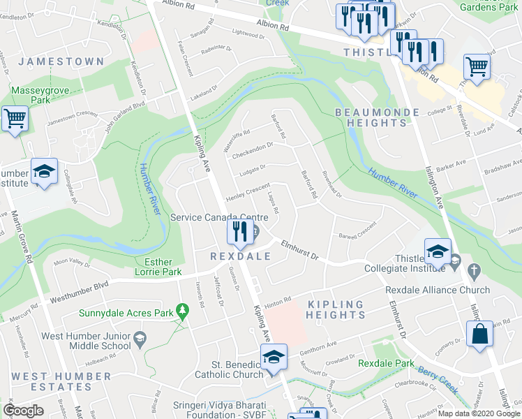 map of restaurants, bars, coffee shops, grocery stores, and more near 276 Elmhurst Drive in Toronto