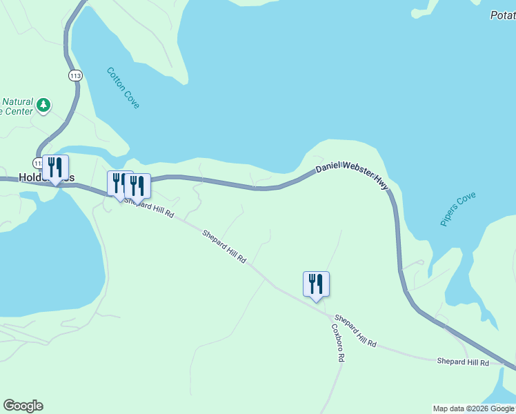 map of restaurants, bars, coffee shops, grocery stores, and more near 109 Shepard Hill Road in Holderness