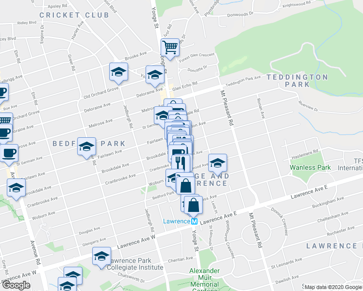 map of restaurants, bars, coffee shops, grocery stores, and more near in Toronto