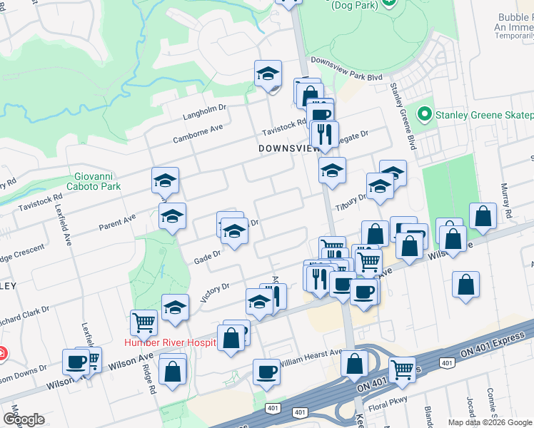 map of restaurants, bars, coffee shops, grocery stores, and more near 34 Nash Drive in Toronto
