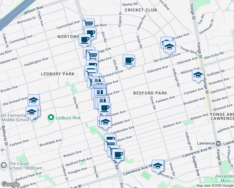 map of restaurants, bars, coffee shops, grocery stores, and more near 263 Melrose Avenue in Toronto