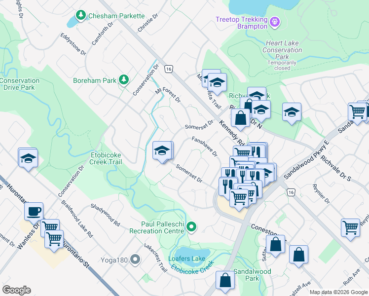 map of restaurants, bars, coffee shops, grocery stores, and more near 113 Fanshawe Drive in Brampton