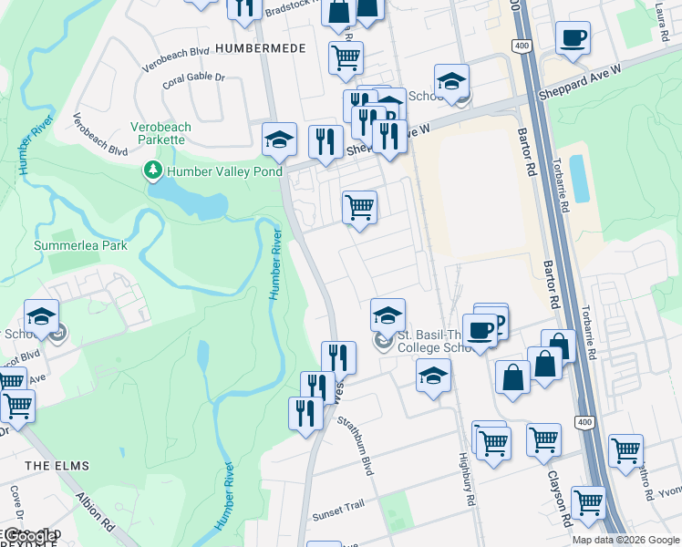 map of restaurants, bars, coffee shops, grocery stores, and more near in Toronto