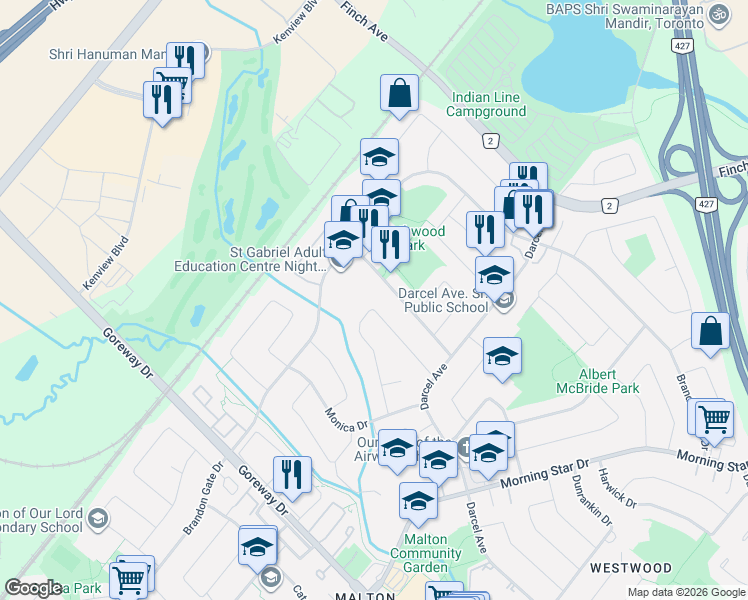 map of restaurants, bars, coffee shops, grocery stores, and more near 7585 Wrenwood Crescent in Mississauga