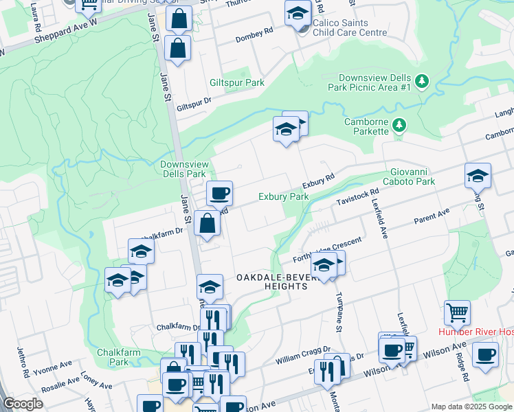 map of restaurants, bars, coffee shops, grocery stores, and more near 158 Exbury Road in Toronto