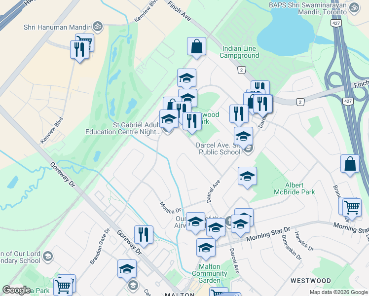 map of restaurants, bars, coffee shops, grocery stores, and more near 7585 Wrenwood Crescent in Mississauga