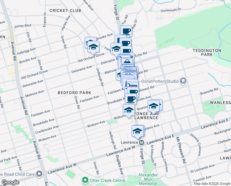map of restaurants, bars, coffee shops, grocery stores, and more near 63 Fairlawn Avenue in Toronto